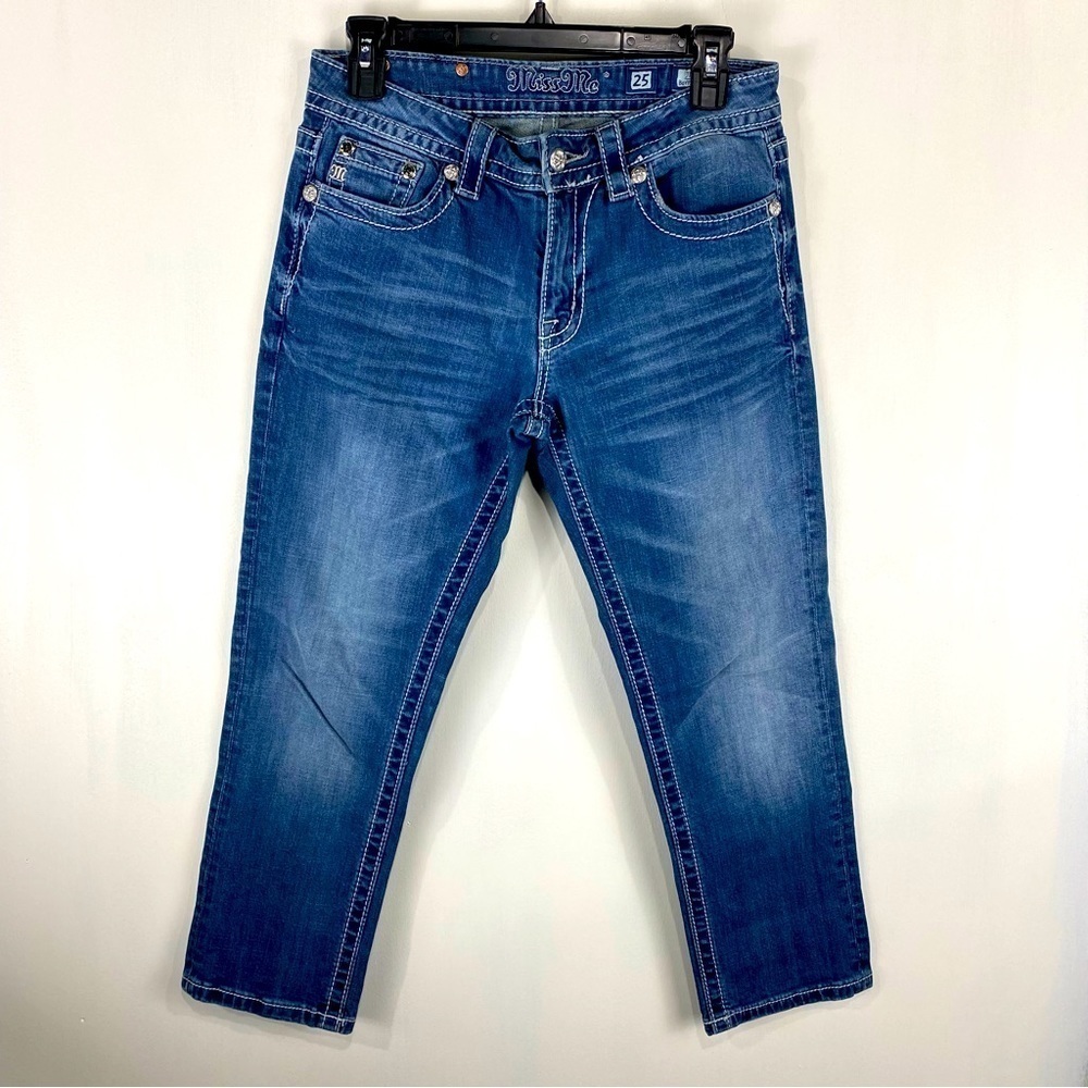 Miss Me Jeans Boyfriend Capri Beaded Jeweled Medium Wash Denim‎ Pants Size 25